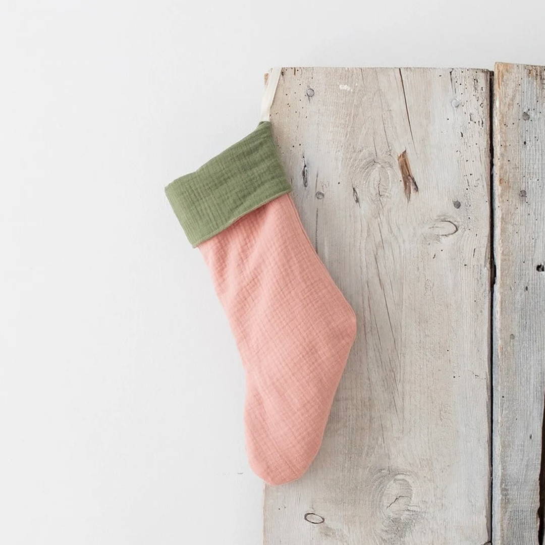 Embroidered Christmas Stocking in Pink and Green