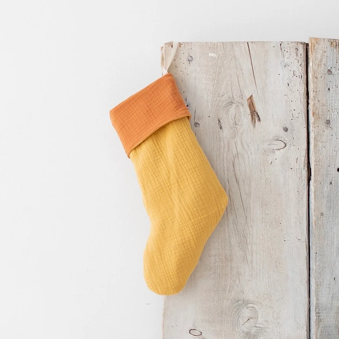 Embroidered Christmas Stocking in Gold and Ochre